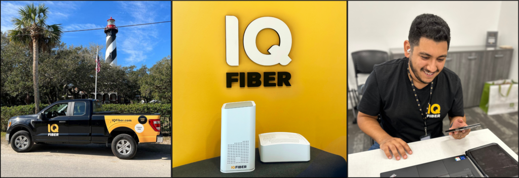 3 images side by side. First image is a truck parked in front of a lighthouse in Anastasia Island, FL. Second image is an IQ Fiber gateway and mesh unit in front of the IQ Fiber logo. Third image to the right is a sales agent speaking with a customer on the phone.