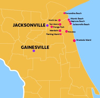 Map of Northeast Florida that marks each city or neighborhood where IQ Fiber is available or under construction.