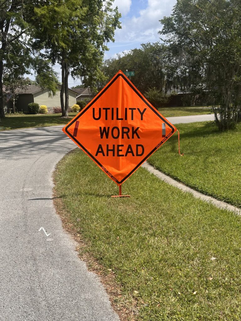 Utility work ahead sign for internet service in Gainesville