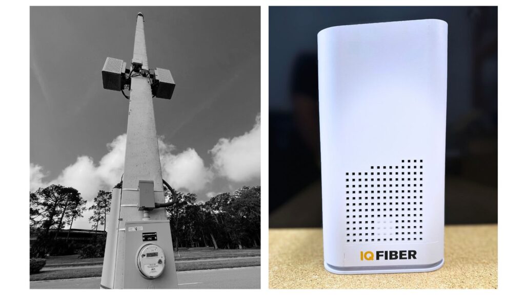 Side-by-side images. One of a large and bulky 5G wireless tower, the other of a smaller IQ Fiber gateway.
