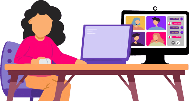 Woman sitting at a desk participating in a video conference.