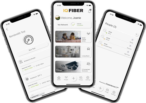 Image of smart phones showing the IQ Fiber app menus