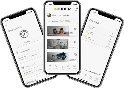 Image of 3 smart phones showing various IQ Fiber app screens
