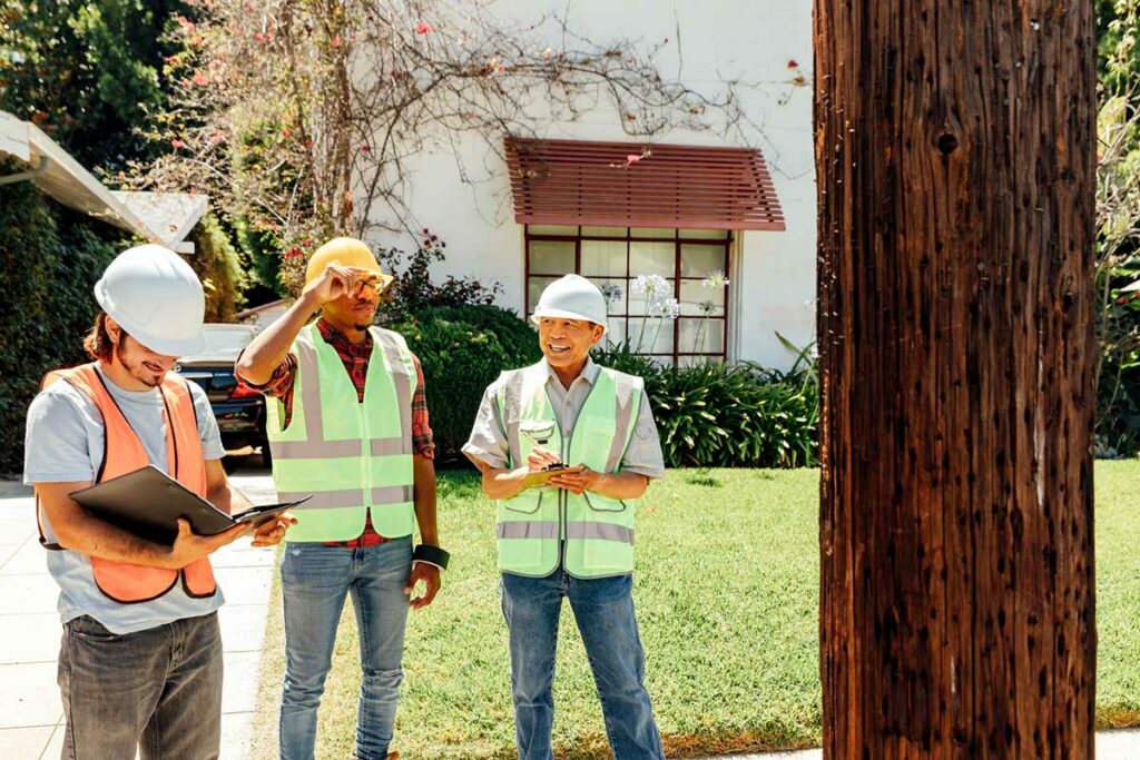 Three men in hardhats discussing construction outside of a home.