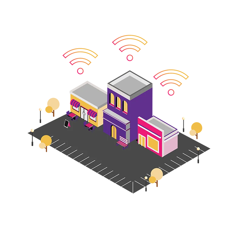 Graphic of three businesses connected to IQ Fiber Internet Service.