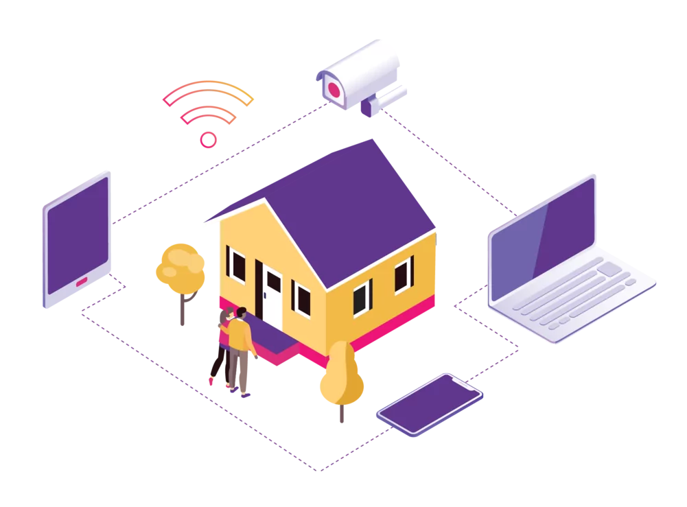 Graphic of a home with several mobile devices surrounding it, all connected by WiFi.
