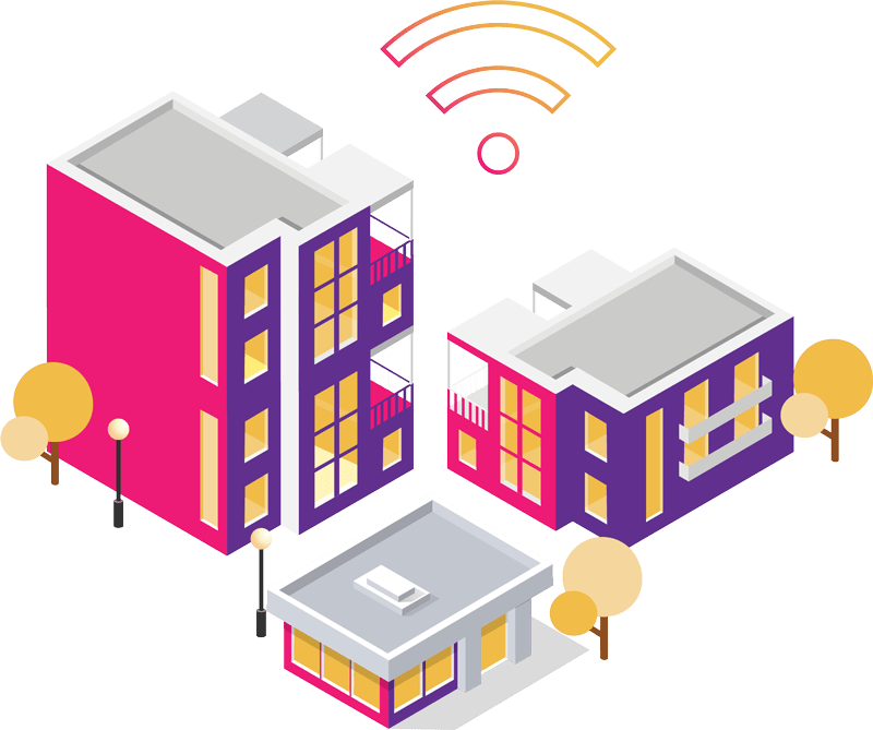 graphic of multifamily wifi coverage in three different buildings